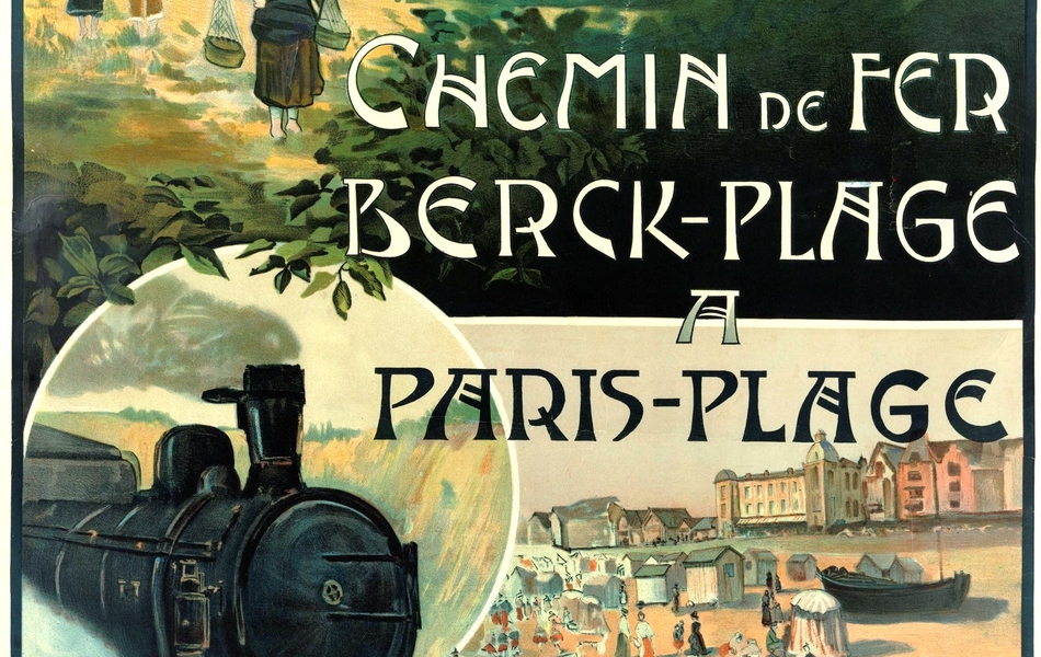 Affiche couleur montrant une plage avec de la végétation, des bâtiments et une locomotive. En-dessous, un itinéraire des stations.