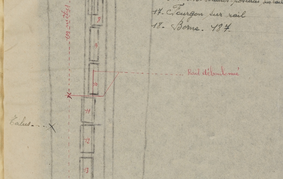 Croquis manuscrit annoté montrant le déraillement de wagons sur une voie ferrée.