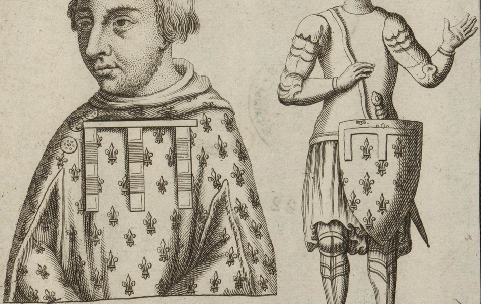 Dessin monochrome représentant un homme de pied, habillé en chevalier à droite, et à gauche le buste d'un homme tourné de trois-quart.