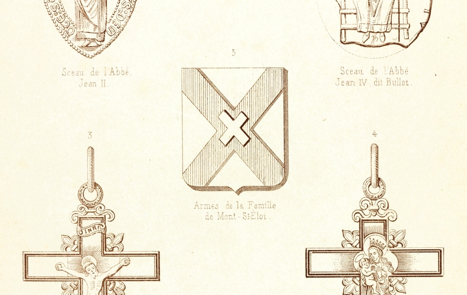 Gravures monochromes montrant deux sceaux d'évêque, un blason et deux croix en pendentif.