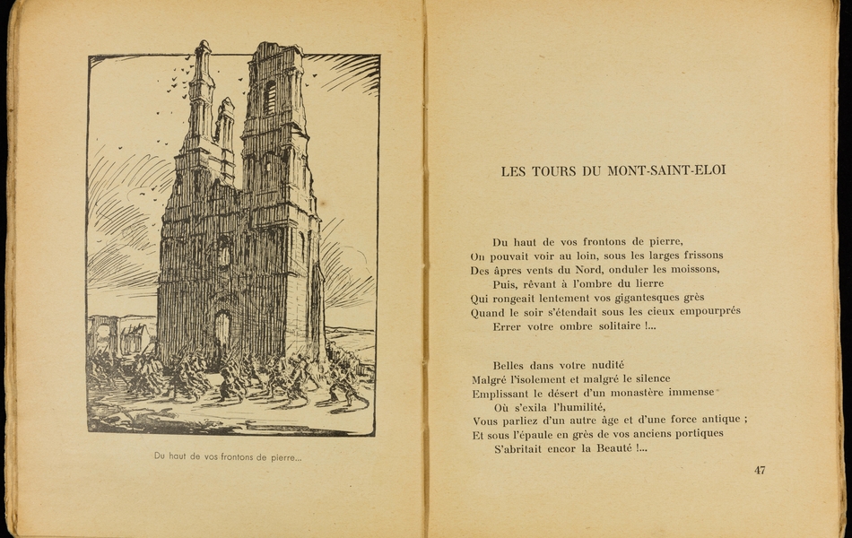 Double page d'un livre. À gauche, une gravure monochrome montrant le passage de soldats devant des tours en ruine. À droite, le texte suivant : "Les tours du Mont-Saint-Éloi. Du haut de vos frontons de pierre, on pouvait voir au loin, sous les larges frissons des âpres vents du Nord, onduler les moissons, puis, rêvant à l'ombre du lierre qui rongeait lentement vos gigantesques grès quand le soir s'étendait sous les cieux empourprés errer votre ombre solitaire... Belles dans votre nudité malgré l'isolement et malgré le silence emplissant le désert d'un monastère immense où s'exila l'humilité, vous parliez d'un autre âge et d'une force antique ; et sous l'épaule en grès de vos anciens portiques s'abritait encore la Beauté !..."