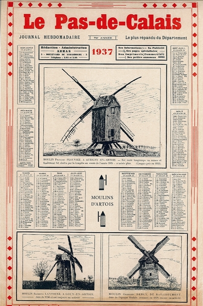 Calendrier sur lequel figurent des moulins.