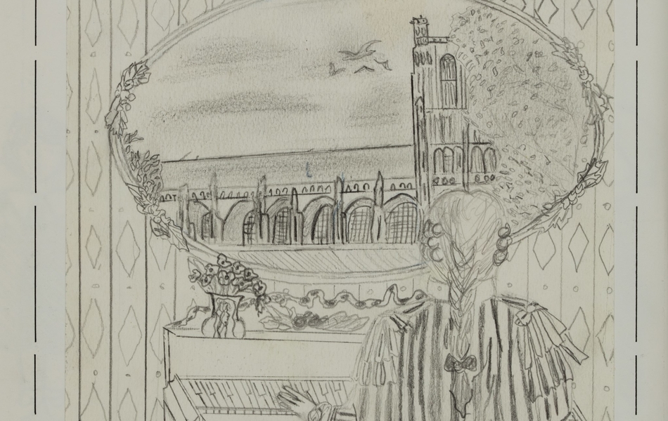 Dessin au crayon montrant un organiste de dos, devant un clavier. Au-dessus, dans un médaillon, on voit une cathédrale.