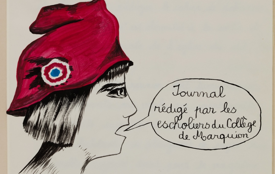 Dessin couleur montrant le profil d'une tête portant un bonnet phrygien.