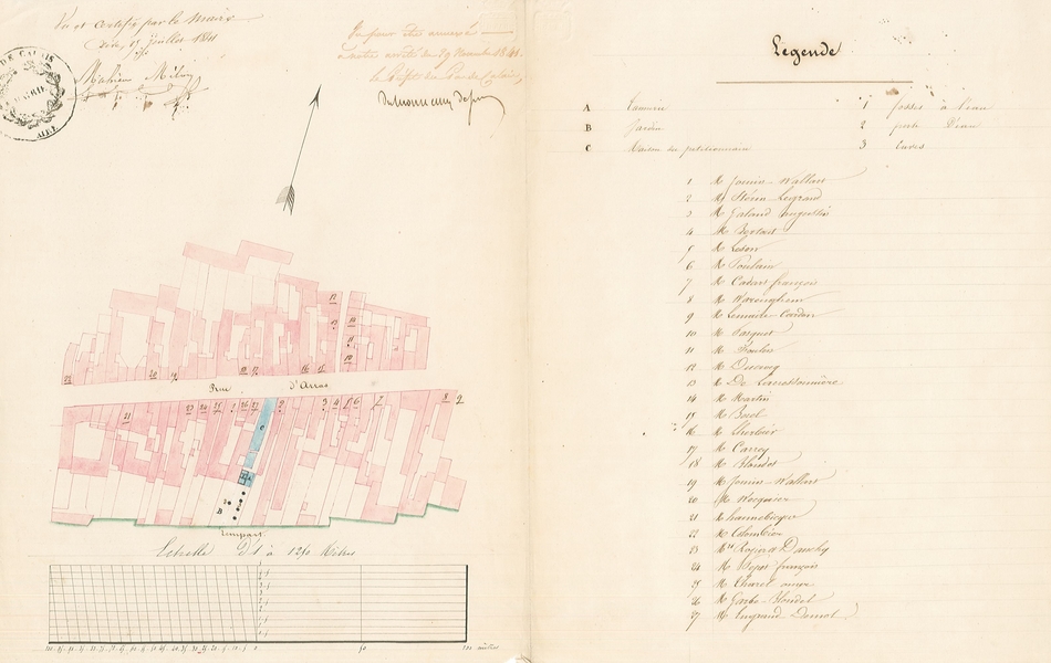 Plan manuscrit légendé montrant des parcelles de terrains dans une rue.