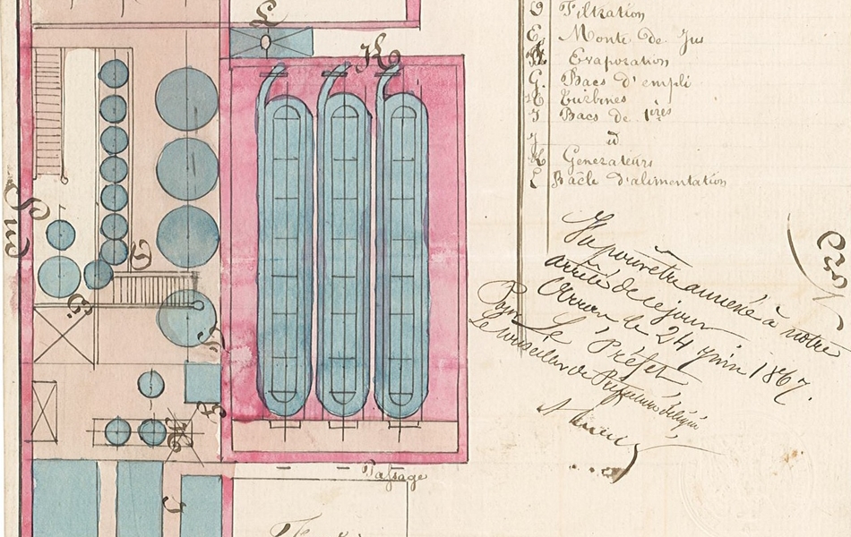 Plan manuscrit colorisée d'une installation technique.