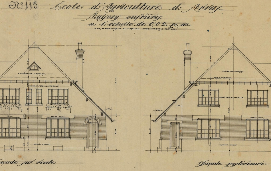 Dessin manuscrit montrant la façade d'une maison.