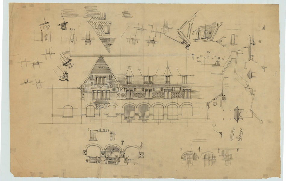 Dessin manuscrit montrant la façade d'une maison.