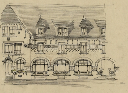 Plan manuscrit montrant la façade d'un bâtiment.