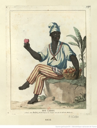 Gravure couleur montrant un homme noir assis à côté d'un panier de fruits.