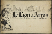Bandeau monochrome montrant à l'arrière plan des bâtiments en flammes. À gauche, la statue d'un lion tient un drapeau représentant le blason de l'Artois.