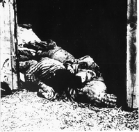 Photographie noir et blanc montrant des corps de victimes.