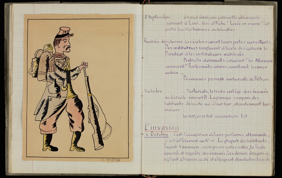 Double page d'un cahier manuscrit retranscrit ci-dessous. On y voit aussi le dessin d'un soildat de profil.