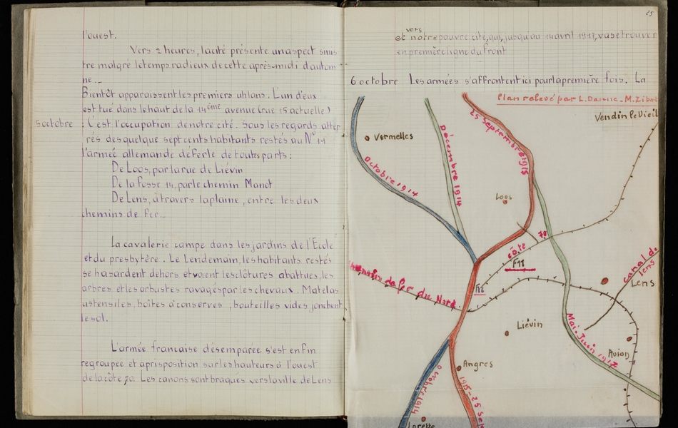 Double page d'un cahier manuscrit retranscrit ci-contre. On y voit aussi un plan avec des lignes de combat.