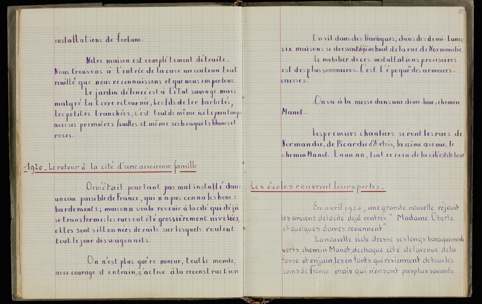 Double page d'un cahier manuscrit retranscrit ci-contre. 