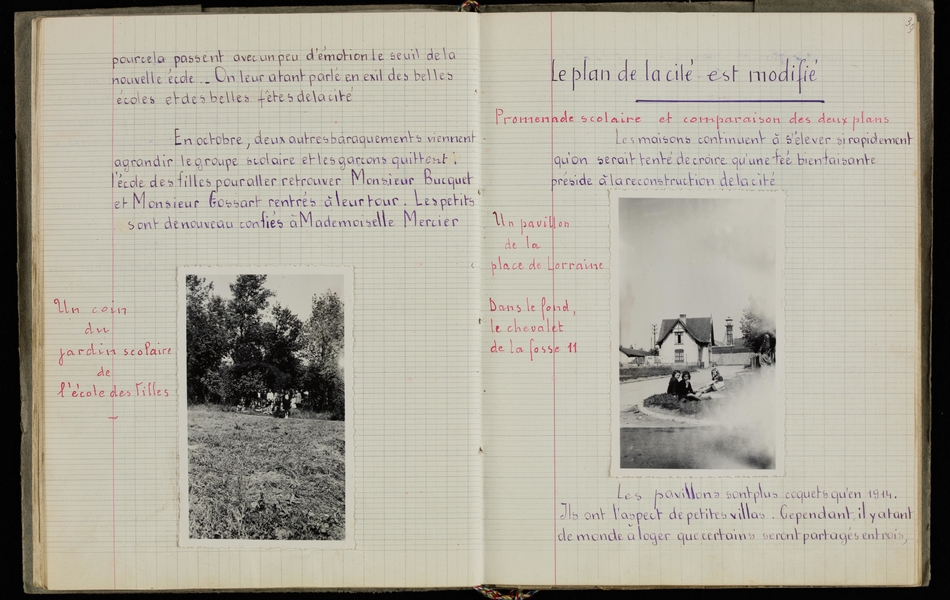 Double page d'un cahier manuscrit retranscrit ci-contre. On y voit aussi des photos d'un parc et d'une place.