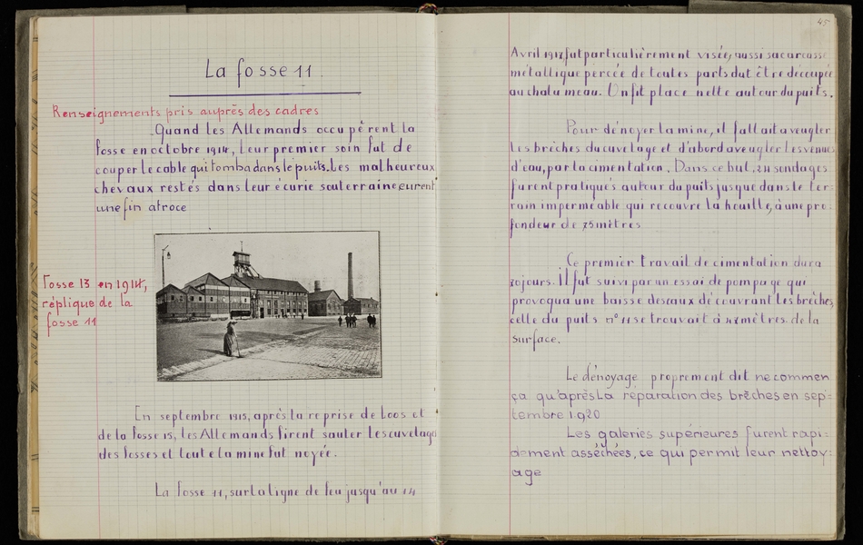 Double page d'un cahier manuscrit retranscrit ci-contre. On y voit aussi une cheminée d'usine et le chevalet d'une mine.