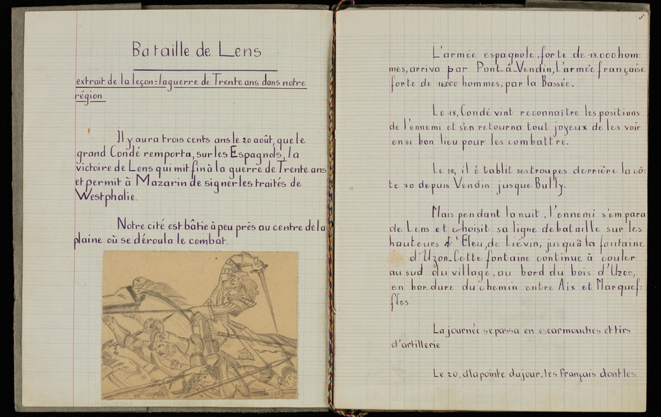 Page de cahier manuscrite retranscrite ci-contre. On y voit un dessin de chevalier à cheval au combat.