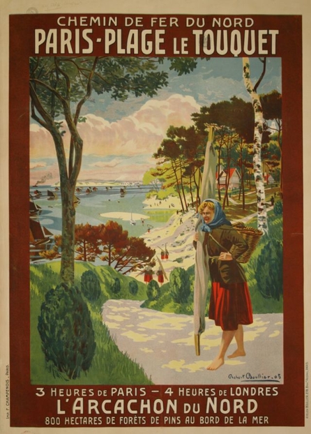 Affiche en couleurs représentant une femme pieds nus, en costume de pêcheuse avec son mât et son panier en osier en bandoulière, descendant un sentier forestier menant à la plage. Au large, on aperçoit un grand nombre de voiliers. On lit ces inscriptions: "Chemin de fer du Nord. Paris-Plage le Touquet. 3 heures de Paris, 4 heures de Londres. L'Arcachon du Nord. 800 hectares de forêts de pins au bord de la mer".