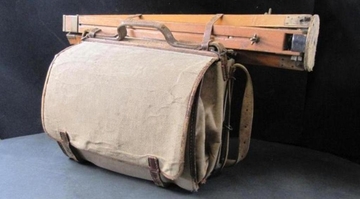 Photographie couleur d'un sac à bandoulière kaki sur lequel est fixé un trépied replié.