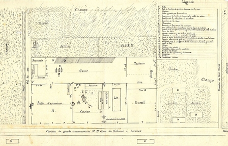 Plan manuscrit et annoté de la maison et des terres des époux Lenglemetz.