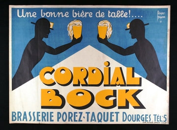 Affiche en couleurs montrant le profil de deux hommes portant un chapeau de mineur et tenant deux bières dont la mousse déborde.