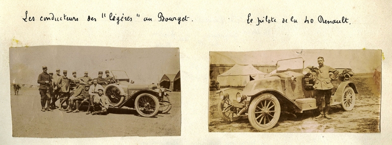 Deux photographies sepia montrant des voitures du début du vingtième siècle devant lesquelles posent des hommes en tenue de soldats.