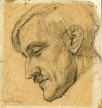 Portrait au crayon d'un homme de profil, tête baissée.