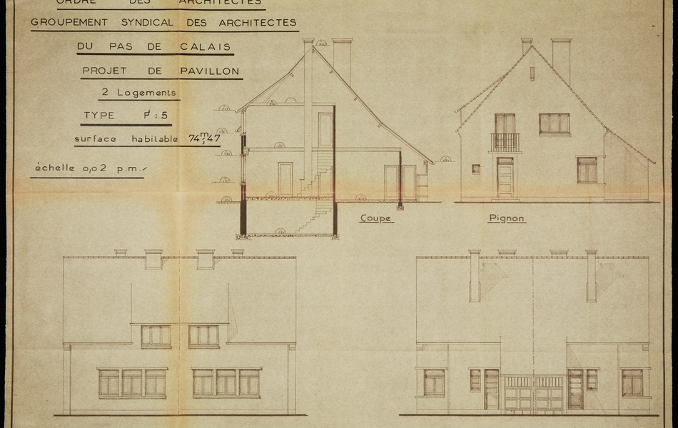 Plan monochrome montrant des coupes transversales de types de maisons différentes.