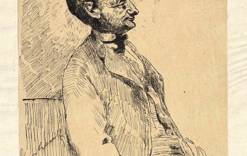 Dessin manuscrit monochrome montrant un homme assis de profil.