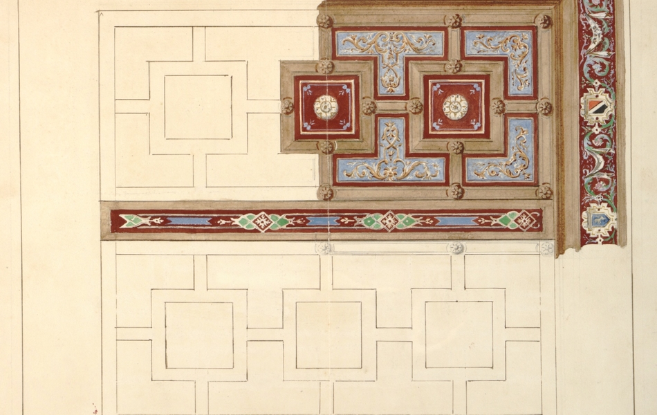 Dessin couleur d'un plafond à caissons richement décoré d'ornementations colorées.