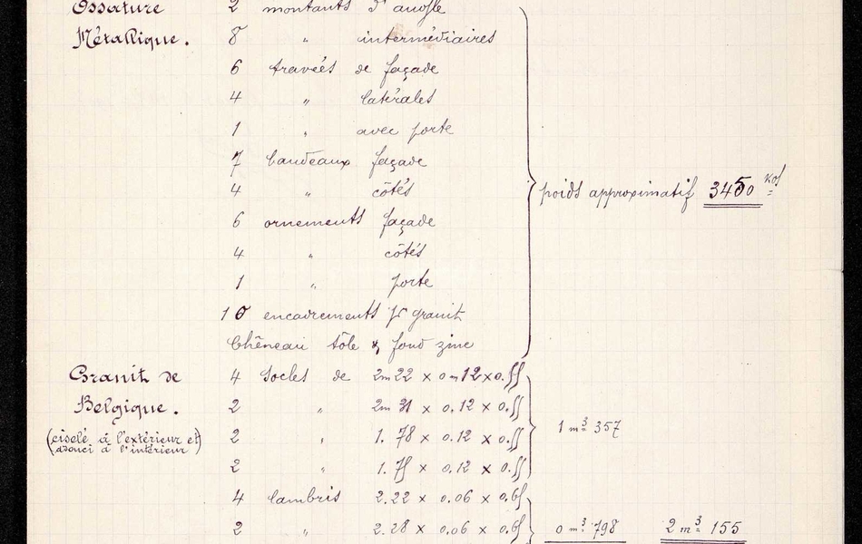 Document manuscrit sur lequel on lit : "Projet de véranda. Devis.Ossature métallique : 2 montants d'angle, 8 montants intermédiaires, 6 travées de façade, 4 travées latérales, 1 travée avec porte, 7 bandeaux de façade, 4 bandeaux de côté, 1 ornement de porte, 10 encadrements [...] granit, chêneau tôlet et fond zinc : poids approximatif : 3450 kilos. Granit de Belgique (ciselé à l'extérieur et adouci à l'intérieur) : 4 socles de 2 mètres 22 x 0 mètre 12x 0,55, 2 solces de 2 mètres 31 x 0,12 x 0,55, 2 socles 1,78 x 0,12 x 0,55, etc. Prix : La fourniture sera faite pour le prix forfaitaire de trois mille quatre cent francs, y compris le camionnage, l'octroi, la pose et deux couches de peinture sur les fers. Ce prix ne comprend pas les scellements..."