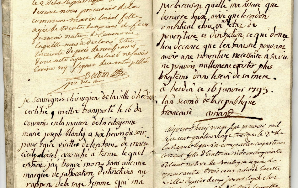 Double page manuscrite sur laquelle on lit : "Aujourd'hui douze janvier mil sept cent quatre voingt treize, le 2 de la république, est comparu devant nous procureur de la commune Marie Loisel, fille âgée de 32 ans de feu François, native de Caumont, laquelle nous a déclaré être enceinte de près de neuf mois, dont acte ayant déclaré ne savoir écrire si signer..."