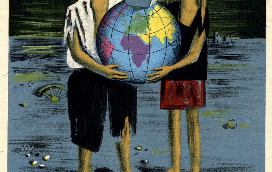 Affiche couleur montrant une garçon et une fille en guenille tenant une tirelire en forme de mappemonde, encadrés par les textes suivants : "Mai 1948. Donnez. Appel des Nations Unies en faveur de l'enfance".