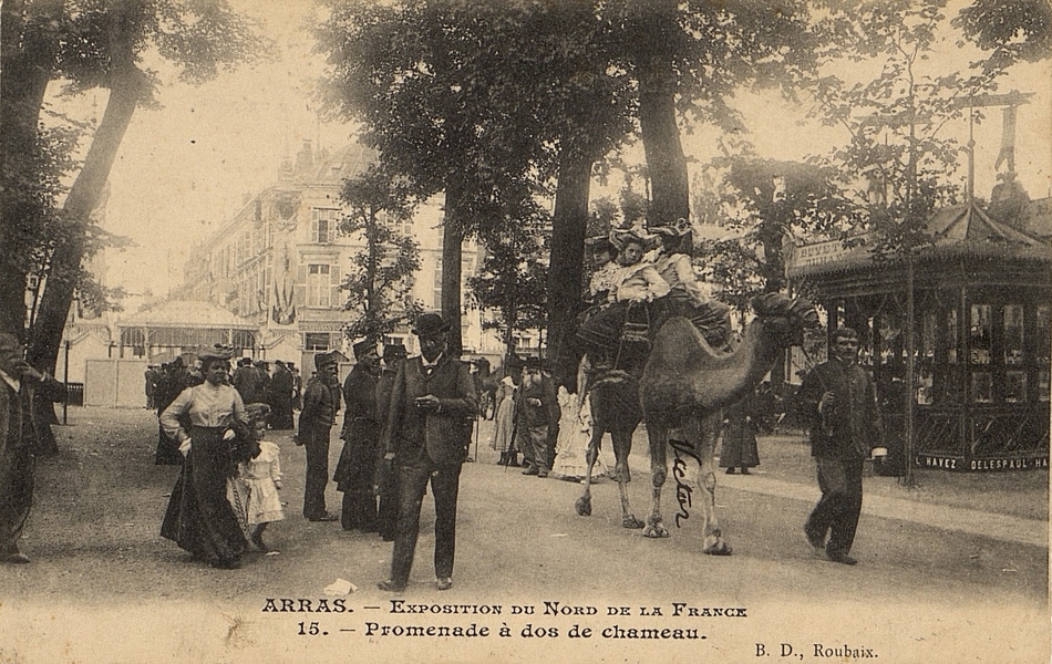 Carte postale noir et blanc où l'on voit quatre fillettes sur le dos d'un chameau mené par un guide au milieu d'une allée peuplée de passants.