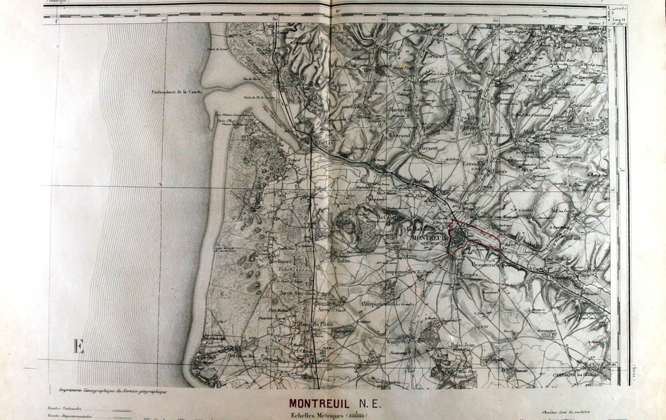 Carte géographique d'une partie du Pas-de-Calais sur laquelle est situé Montreuil