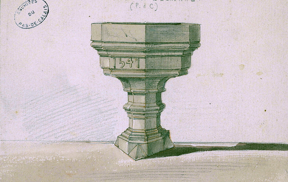 Dessin au crayon représentant des fonds baptismaux. Dessus, on lit 1541.