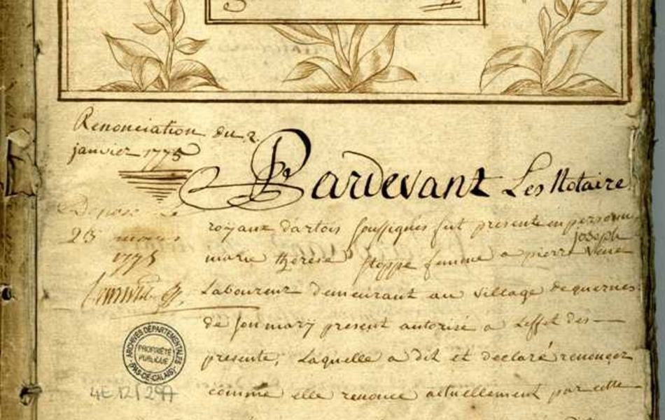 Document manuscrit sur lequel on lit "Quarante unième registre aux actes réciproques de l'étude du notaire Cousin commençant au mois de janvier de l'année mil sept cent soixante quinze et finissant avec le mois de juin de la même année 1775". Ce texte est encadré et de chaque côté jaillissent des gerbes et des couronnes de fleurs