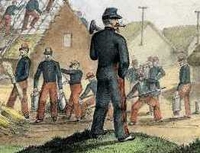 Aquarelle représentant des soldats en uniforme, occupés à bâtir une maison.