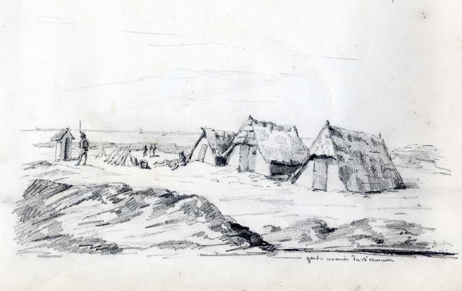 Dessin noir et blanc d'un campement composé de trois tentes sur une plage et gardé par quelques soldats