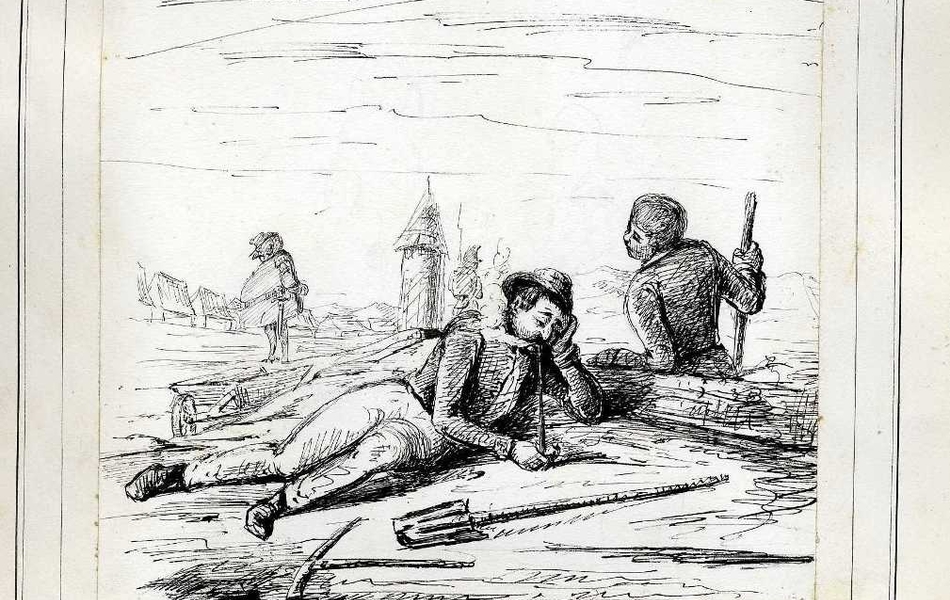 Dessin noir et blanc de deux soldats au repos. L'un, assis contre une souche, se tourne vers son compagnon allongé par terre, fumant une pipe. Des outils reposent à côté d'eux