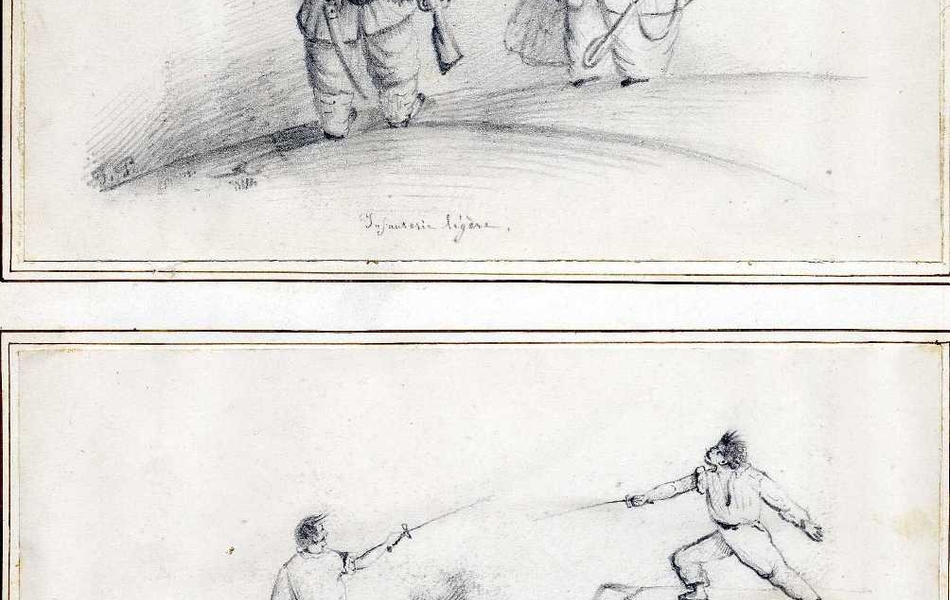 Deux dessins noir et blanc. Sur le premier apparaissent deux soldats lourdement chargés de sacs à dos et d'armes (fusil et épée). Le second montre deux escrimeurs en action, mais séparés par un fossé