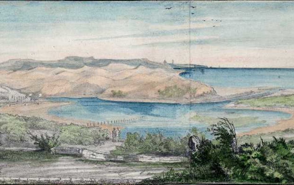 Paysage aquarellé qui montre un bras de mer. À droite, un fort surplombe la rive, tandis qu'à gauche s'étendent des dunes