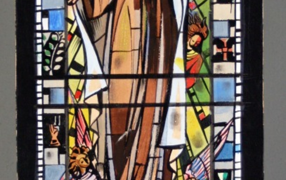 Dessin en couleur d'un vitrail où apparaît Sainte Thérèse portée par deux anges et accompagnée de deux autres anges jouant de la harpe et du violon .
