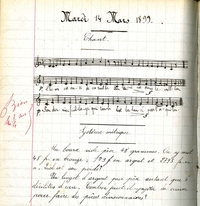 Cahier d'écolier manuscrit en haut duquel est noté "Mardi 14 Mars 1899. Chant". Une portée et des notes sont dessinées en-dessous, suivies d'un paragraphe intitulé "Système métrique".