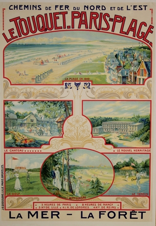 Affiche couleur en 3 parties ; sous le titre "Chemins de fer du Nord et de l'Est. Le Touquet-Paris-Plage" se trouve une illustration d'une plage et des maisons en arrière-plan. En-dessous, on remarque deux vignettes représentant le château et une bâtisse nommée "le nouvel Hermitage". Enfin, dans la troisième partie, 3 vignettes : le golf, l'hippodrome et le tennis. Le bas de l'affiche est consacré à cette légende "3 heures de Paris. 8 heures de Nancy. 3 heures de Lille. 4 heures de Londres. 4 heures de Reims. La mer, la forêt".