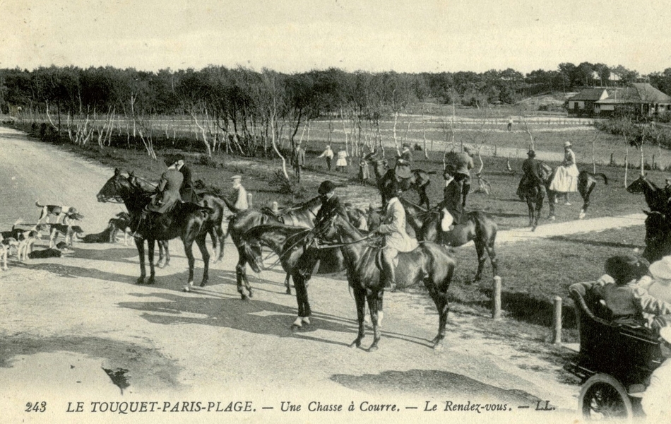Carte postale noir et blanc d'une plaine arborée où stationnent des cavaliers, leurs montures et une meute de chiens.