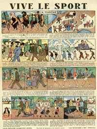 Planche d'une bande-dessinée en couleur mettant en scène des marcheurs à diverses époques.