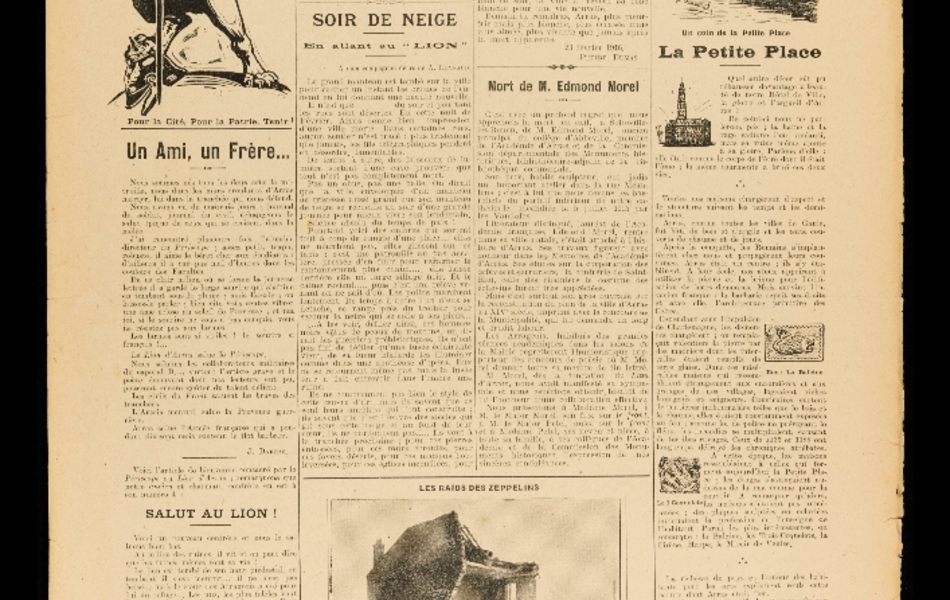 Une de journal sur quatre colonnes. On voit en haut à gauche le dessin d’un lion debout portant un drapeau. Sa patte droite est posée victorieusement sur un casque à pointe allemand. Sous le dessin on peut lire la devise « Pour la Cité, pour la Patrie, Tenir ! ». Une autre illustration en bas, au centre montre une maison détruite par des bombardements.