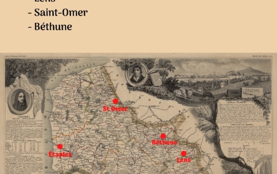 Carte du Pas-de-Calais sur laquelle sont notées en rouge des villes. La carte est accompagnée du texte suivant : "Réponses. Les villes : Arras, Etaples, Lens, Saint-Omer et Béthune".